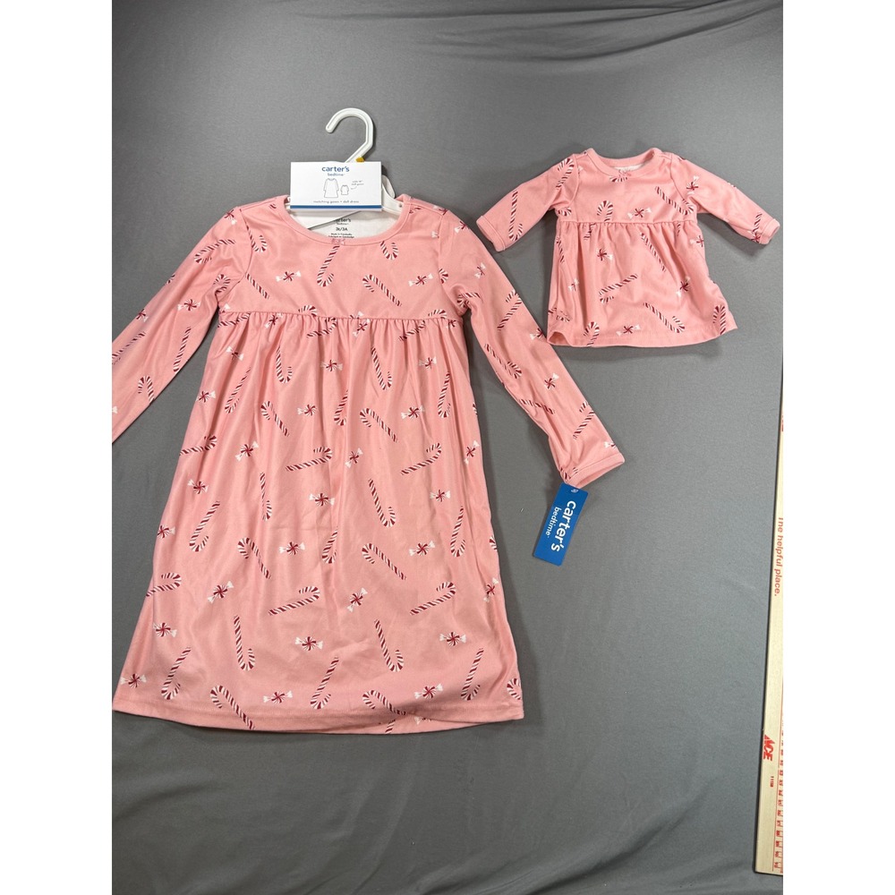 NWT Carters 3T Pink Candy Cane Nightgown & Matching Doll Dress Set